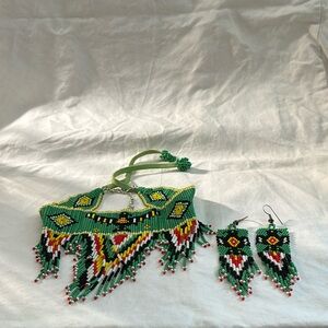 Hand Beaded Tribal Black, Green, Orange/Red and White Chocker and earrings